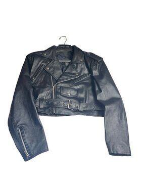 VTG  90s Wilsons Leather Cropped Moto Jacket Womens M Black Belted Biker Style